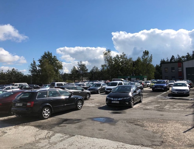 Parking A1 - Na placu stoi wiele samochodów. Teren otoczony jest drzewami. Podłoże jest asfaltowe z nierównościami.