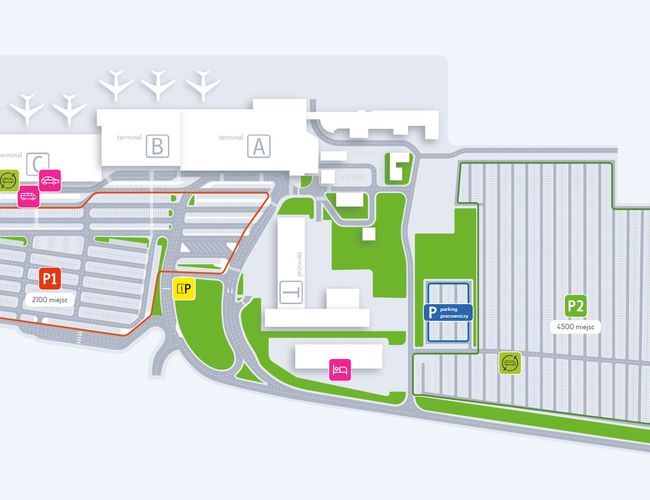 Oficjalny Parking P2 – na zdjęciu mapa z lokalizacją. Widoczne różne sekcje parkingowe i terminale.