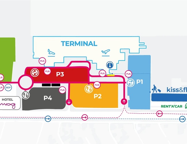 Oficiálne parkovisko P2 - Mapa ukazuje polohu parkoviska pri termináli. Sú označené rôzne možnosti parkovania.