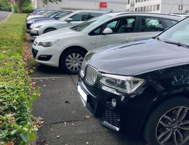 Parking Stern Valet - Zaparkowane samochody stoją wzdłuż zielonego żywopłotu. Teren jest wyraźnie oznaczony liniami. Liście leżą na asfalcie.