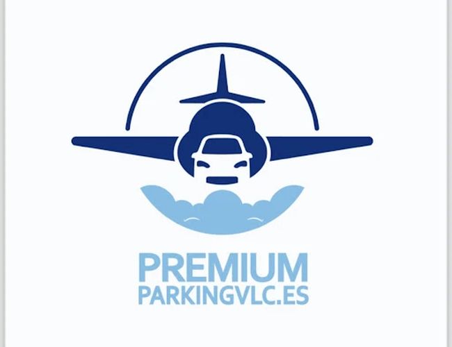 Premium Parking VLC - logo przedstawia samolot, samochód i chmury. Dominują kolory niebieski i biały.