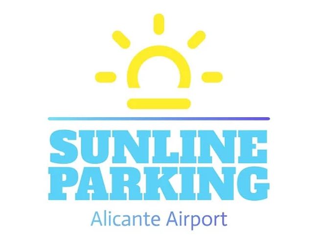 Sunline Parking Outdoor Valet – Logo przedstawia niebieski napis i symbol słońca. Poniżej znajduje się napis Alicante Airport.