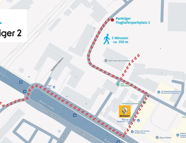 Parqueo de Aeropuerto Parktiger 2 - En la foto hay un mapa con la ubicación. Indica la ruta al estacionamiento a pie en cinco minutos.