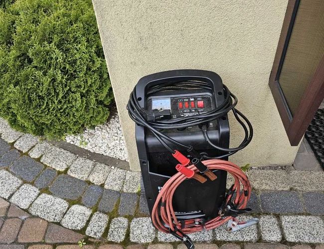Estacionamiento en Krótkiej - Junto a la pared hay un rectificador con cables. Al lado del rectificador crecen arbustos verdes y plantas bajas.