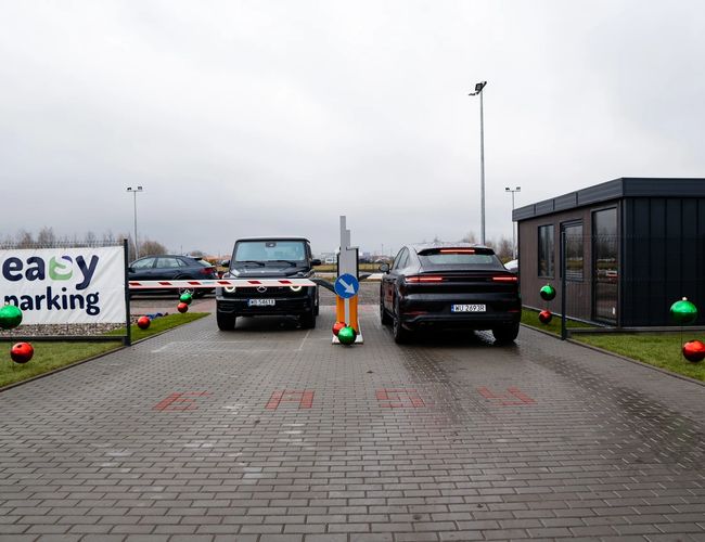 Einfaches Parken Standard – zwei Autos stehen beim Schranken. Rechts ist ein dunkles Gebäude. Auf den Rasenflächen sind bunte Kugeln.