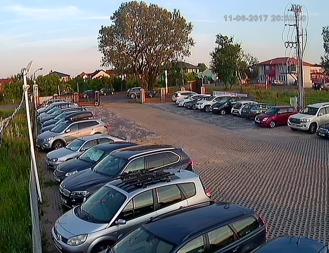 PARKING P24 PREMIUM – Na parkingu zaparkowane są samochody w dwóch rzędach. Teren jest otoczony ogrodzeniem i ma trawiaste otoczenie. W tle widać drzewa i budynki.