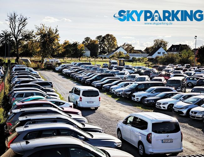 Panoramiczny widok dużego, zewnętrznego parkingu wypełnionego wieloma samochodami ustawionymi w równych rzędach; w tle widać drzewa i jasne, dzienne niebo.