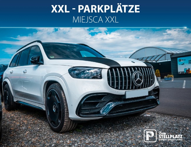 Parking Dein Stellplatz. Duży SUV zaparkowany na przestronnym miejscu, napis „XXL-Parkplätze / miejsca XXL”.