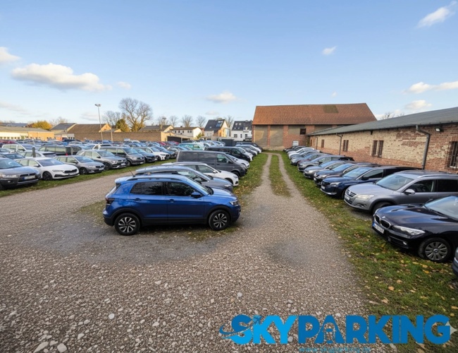 Szeroki kadr prezentujący duży parking z wieloma samochodami, ułożonymi w równoległych rzędach na żwirowej nawierzchni, otoczony budynkami i drzewami.