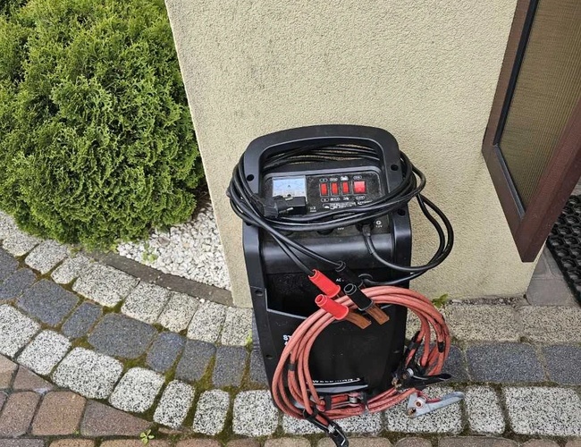 Estacionamiento en Krótkiej - Junto a la pared hay un rectificador con cables. Al lado del rectificador crecen arbustos verdes y plantas bajas.