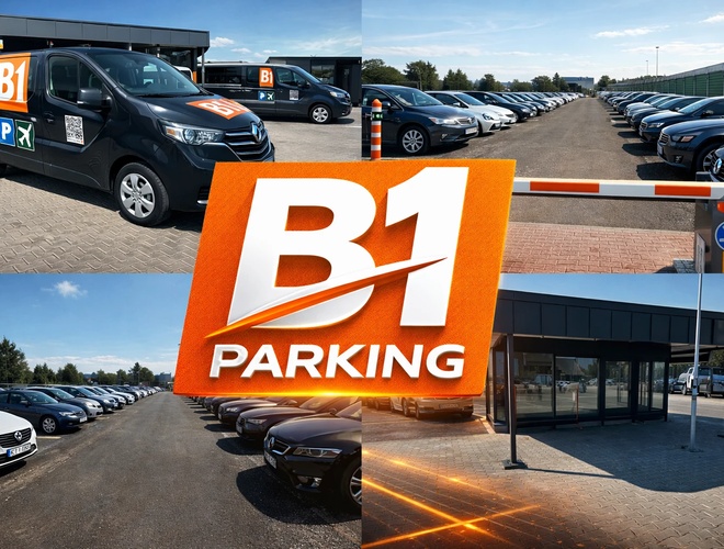 B1 Parking – Dwa dostawcze samochody stoją przed ogrodzeniem. Obok są fabryczne budynki. Na horyzoncie widać turbinę wiatrową.