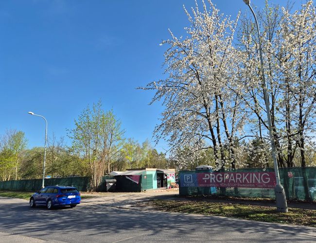 PRG Parking – Na parkingu stoi niebieski samochód. Teren jest ogrodzony zieloną siatką. W tle kwitną drzewa.