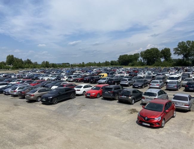 Odkryj-Parking - Plac pełen zaparkowanych samochodów. Widoczny jest otwarty teren. W tle rosną liczne drzewa.