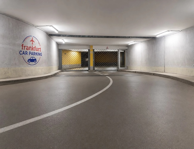 Podziemny parking z zaparkowanymi samochodami wzdłuż ściany, dobrze oświetlony przestronny korytarz.