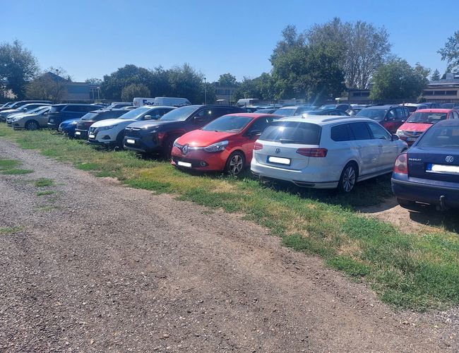 Aparcamiento BUDCAR – En el lugar hay muchos coches. El área está abierta y cercada. En el fondo se ven árboles.