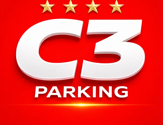Logo parkingu Czerwone tło biały napis C3 Parking