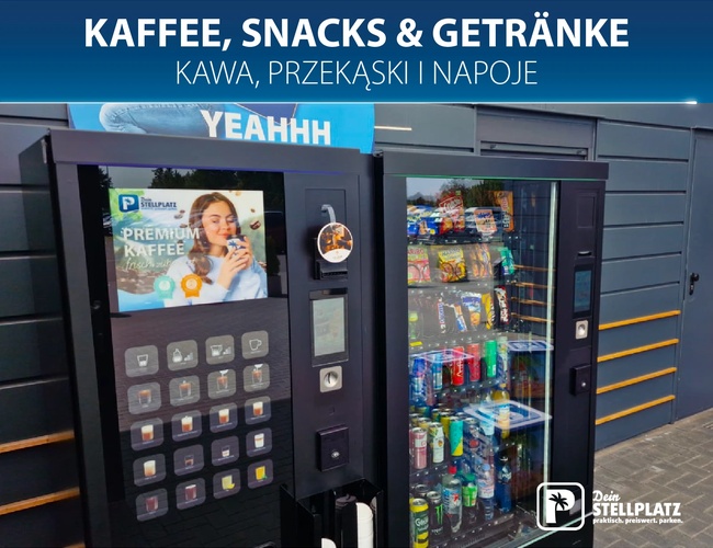 Parking Dein Stellplatz. Automat z kawą, przekąskami i napojami, napis „Kaffee, Snacks & Getränke”
