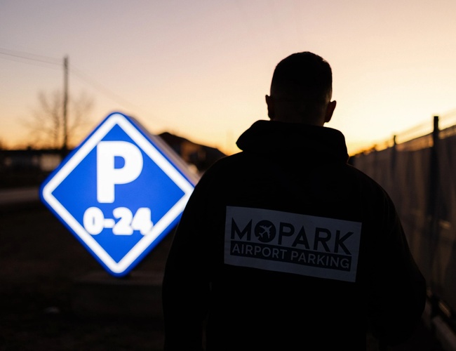 Pracownik parkingu trzymający oznaczenie parkingowe na tle zachodzącego słońca