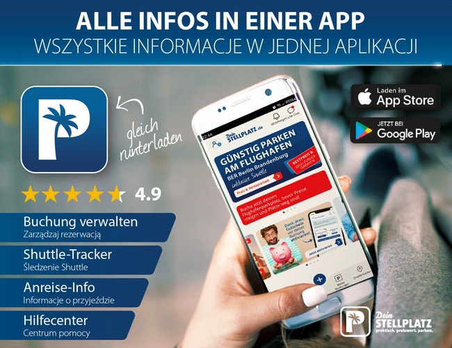 Dein Stellplatz Parking P2. Telefon z aplikacją mobilną Dein Stellplatz, napis „Alle Infos in einer App / wszystkie informacje w jednej aplikacji”.