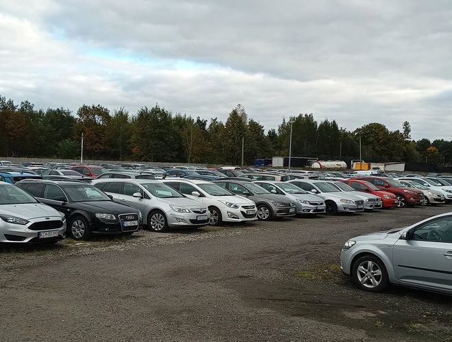 Parking ArtLot - Na parkingu stoi wiele samochodów. Teren jest żwirowy i otoczony drzewami. W tle widoczne są ciężarówki i kontenery.