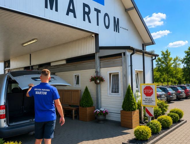 Parkplatz MARTOM – Das blaue Auto steht vor dem grauen Tor. Das Gelände ist eingezäunt. Im Hintergrund sind Plakatwände zu sehen.