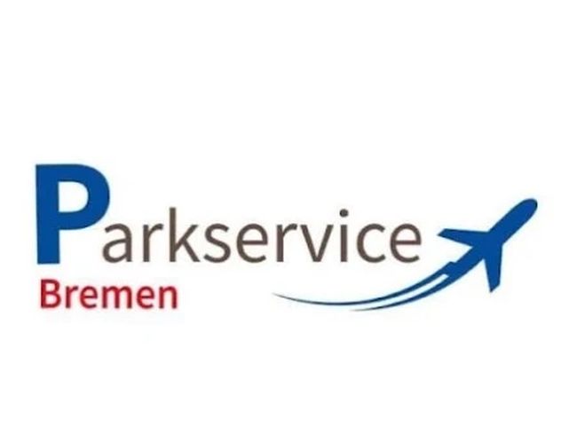 Servicio de Estacionamiento Parkservice Bremen. Logo de estacionamiento sobre fondo blanco. Pequeño icono de avión al lado.