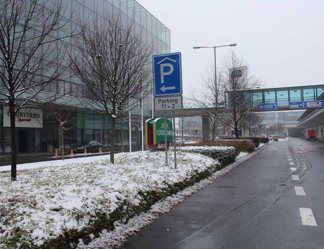 Parking Smile Parking – Znak wskazuje kierunek na parking. Obok rosną drzewa pokryte śniegiem. Trotuar jest wolny od śniegu.