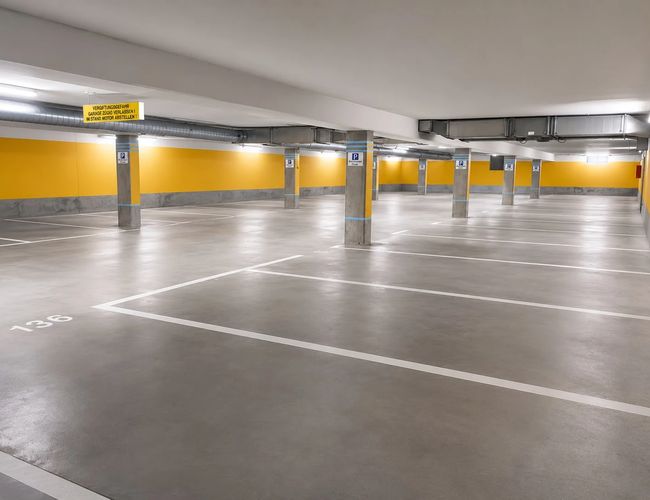 Trzy zaparkowane samochody na podziemnym parkingu, żółta ściana i sufit z oświetleniem LED.