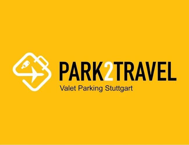 Parking Park2Travel Valet Garage – żółte tło z czarnym napisem. Obok logo walizki z samolotem. Pod spodem tekst "Valet Parking Stuttgart".