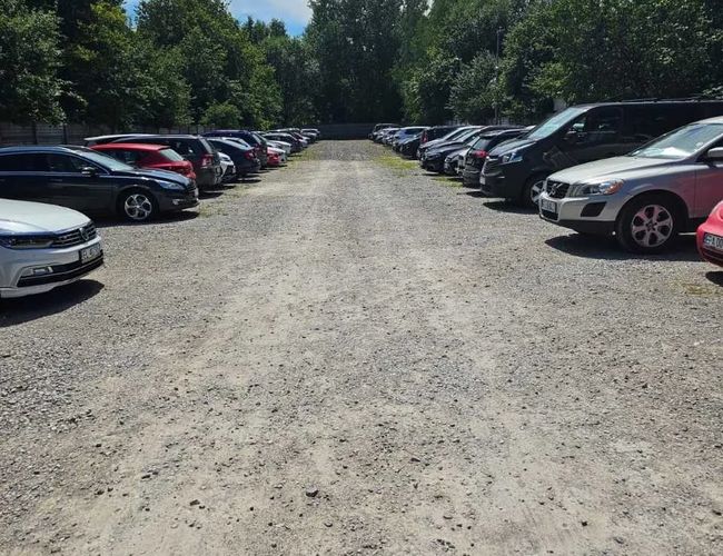 Parking Pienista 32 - Szutrowy plac między drzewami. Samochody stoją po obu stronach pasa.