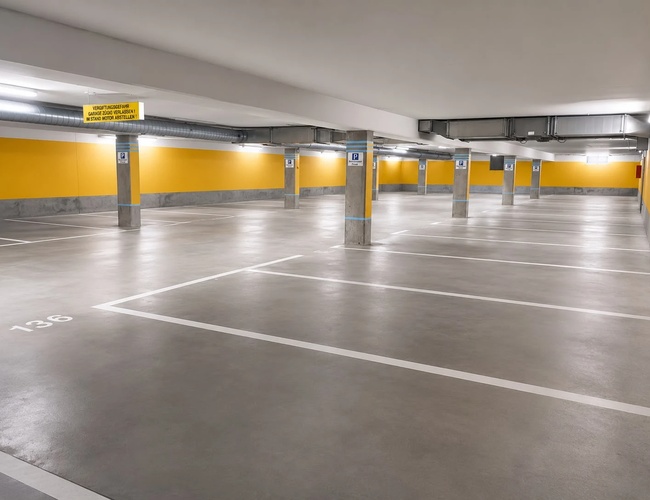 Trzy zaparkowane samochody na podziemnym parkingu, żółta ściana i sufit z oświetleniem LED.
