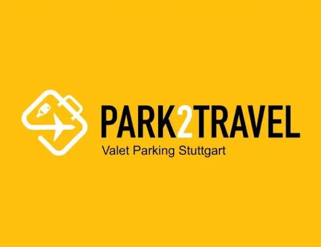Parking Park2Travel Valet Outdoor – logo na żółtym tle z białą ikoną walizki. Obok widnieje czarny napis nazwy firmy.