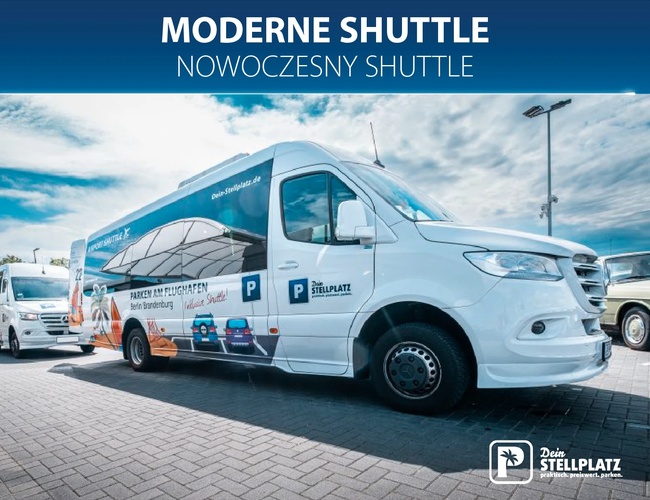 Dein Stellplatz Parking P2. Nowoczesny biały bus wahadłowy, napis „Moderne Shuttle / nowoczesny shuttle”.