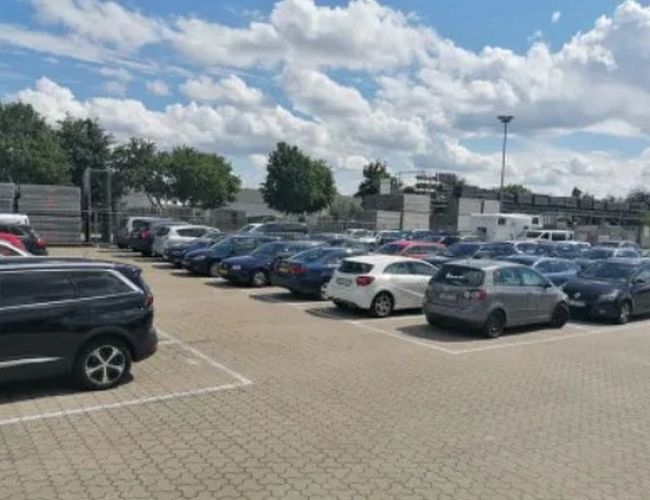 Parking terenowy z wyznaczonymi miejscami postojowymi i zaparkowanymi samochodami. W tle widoczne są drzewa oraz oświetlenie parkingowe.