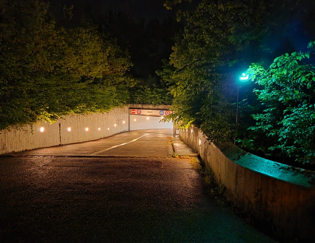 Atomis Hotel Munich Airport Parking Cubierto - Camino de entrada rodeado de vegetación. La iluminación proporciona visibilidad en la noche.