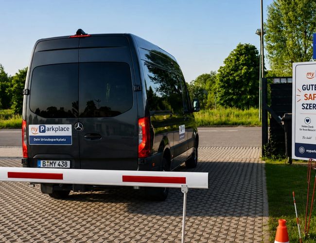 Parking myParkplace – Liczne auta zaparkowane na przestronnym terenie. Parking jest na zewnątrz, bez widocznego ogrodzenia. Obok znajdują się drzewa.