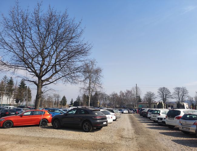 Krk Parking Lotnisko – Na zdjęciu widać samochody stojące na żwirowym podłożu. W tle znajduje się szpaler drzew bez liści. Teren jest otwarty i nieogrodzony.