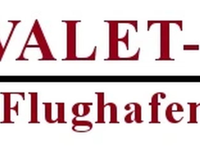 Deluxe Valet Parking – Logo w kolorze czerwonym na białym tle. Napis o parkowaniu przy lotnisku w Düsseldorfie.