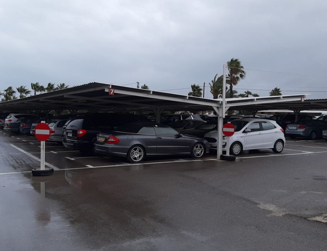 Victoria Parking Walencja - Parking zadaszony z oznaczeniami. Samochody parkują obok siebie. Palmy w tle.