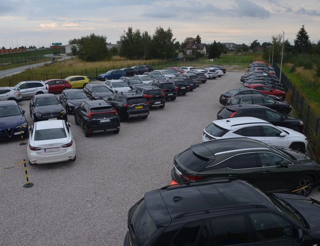 Royal Parking - Teren jest żwirowy i ogrodzony. Wielu zaparkowanych samochodów. W tle droga i drzewa.