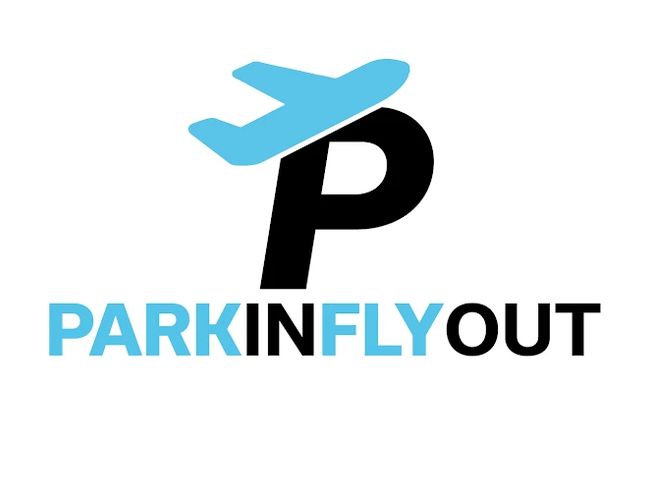 Parking Park In Fly Out - Logo z literą P i sylwetką samolotu. Napis jest czarno-niebieski na białym tle.