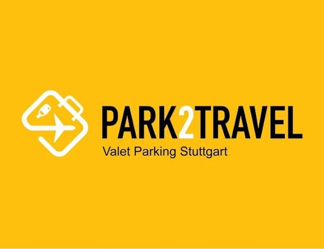 Parkovanie Park2Travel Valet Garage – žlté pozadie s čiernym nápisom. Vedľa loga kufra s lietadlom. Pod ním text "Valet Parking Stuttgart".