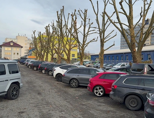 Parkovanie Park & Go Valet – plocha s kamenistým podkladom. Oplotená ohradou, viditeľné zaparkované autá. Okolo budovy a stromy.