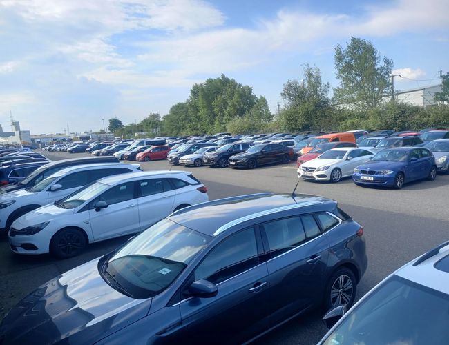 Parking Elite Parken Köln – Duży, otwarty parking z wieloma samochodami. Otoczony zielenią, bez zadaszenia. Przez pogodę jest jasno.