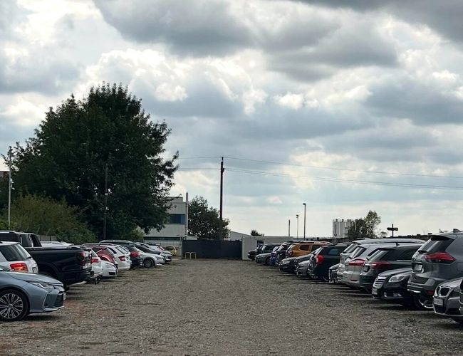 Parking z wieloma zaparkowanymi samochodami w różnych kolorach i modelach. W tle drzewa i brama wjazdowa.