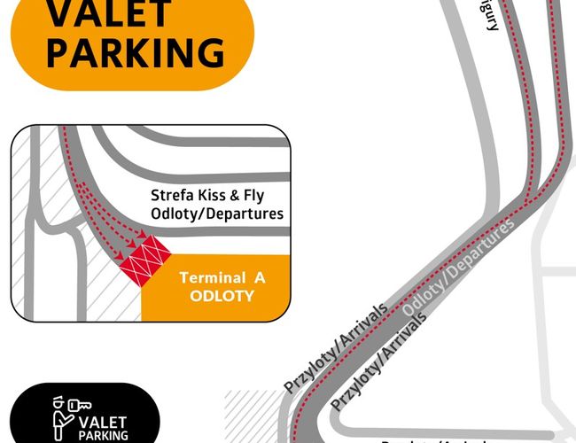 Valet Parking – Lotnisko Chopina – Mapa pokazuje lokalizację parkingu przy terminalu A.