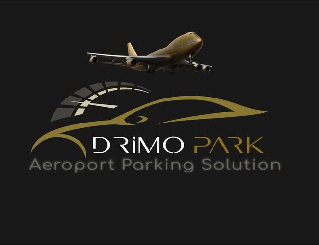 Parking Drimo Park Valet - Logo przedstawia samolot w locie. Pod nim znajduje się złoty zarys auta i napis.