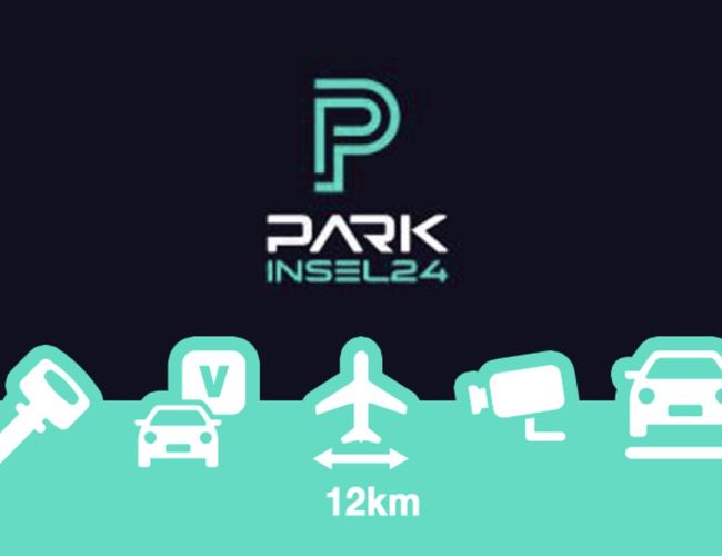 Parking Parkinsel24 VALET - Na grafice logo parkingu. Widoczne symbole klucza, samochodu, samolotu i kamery.