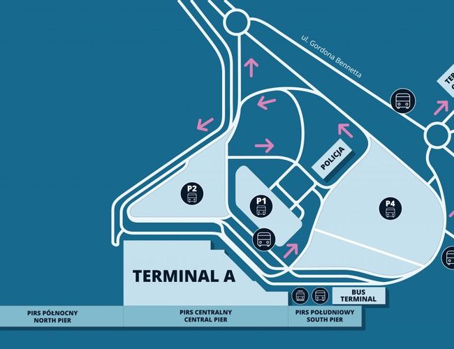 Oficjalny Parking Lotniska P2 – Na zdjęciu jest mapa z lokalizacją. Pokazuje układ terminali i parkingów wokół lotniska.
