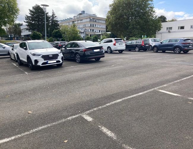 Parking Stern Valet - Kilka samochodów stoi na otwartym placu. W tle widoczne są budynki i drzewa.